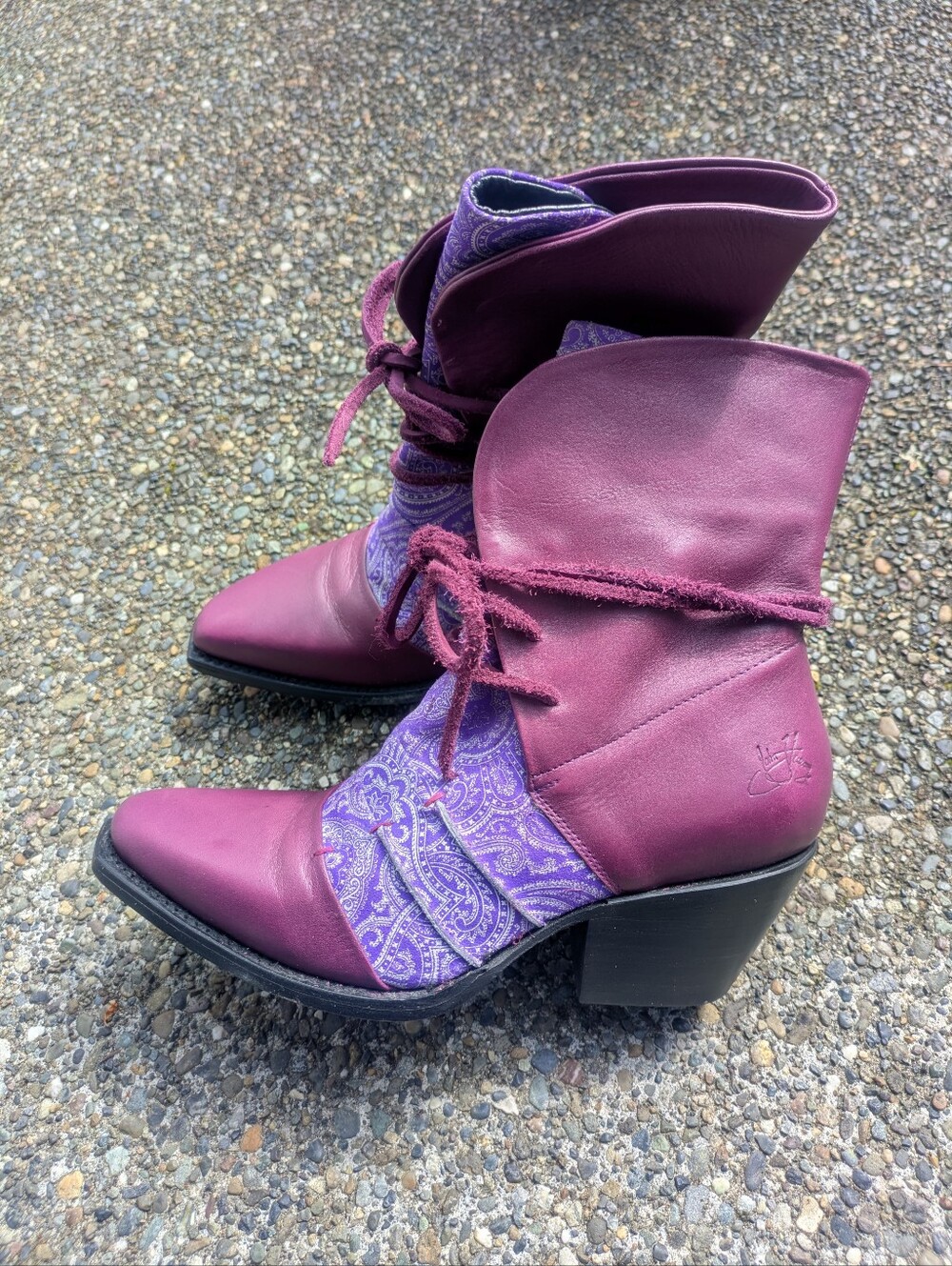 John Fluevog Autry Luana Lace Up Ankle Boots Purple Paisley